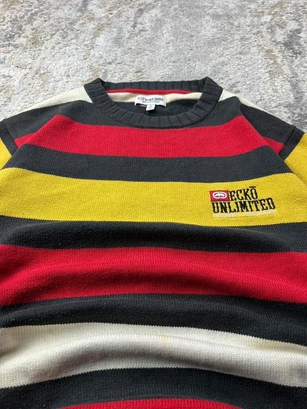 Suéter de gola redonda com estampa de listras pretas e vermelhas Retro Ecko unltd. Masculino tamanho M – photo 3